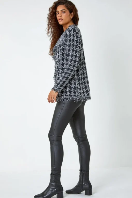 Roman Black Houndstooth Fringed Cardigan