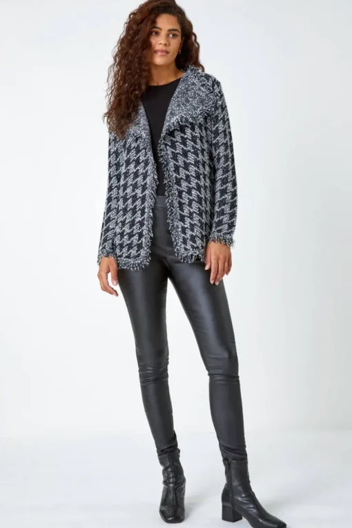 Roman Black Houndstooth Fringed Cardigan