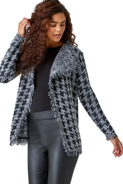 Roman Black Houndstooth Fringed Cardigan