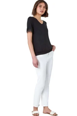 Roman Black Lace Trim Stretch Jersey T-Shirt