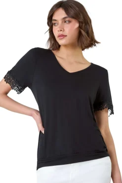 Roman Black Lace Trim Stretch Jersey T-Shirt