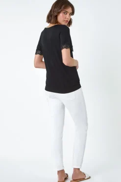 Roman Black Lace Trim Stretch Jersey T-Shirt