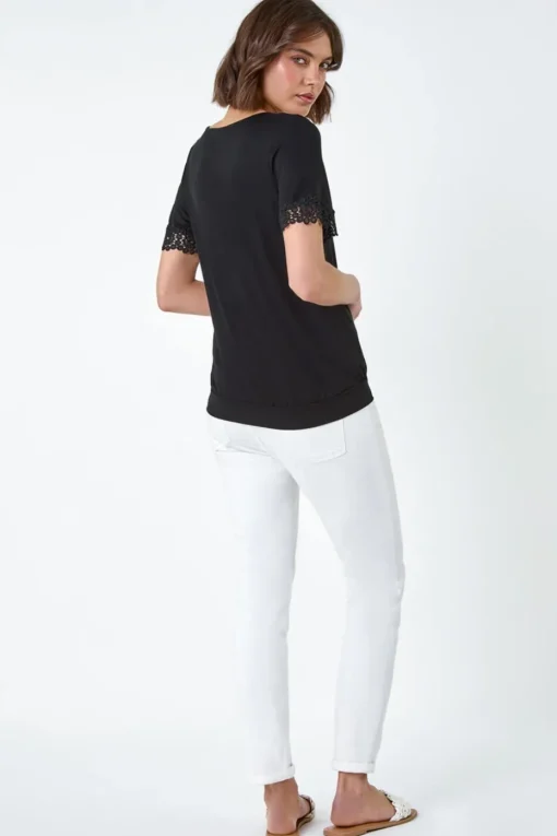 Roman Black Lace Trim Stretch Jersey T-Shirt