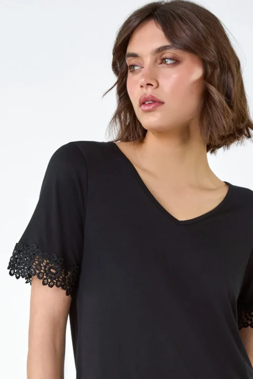 Roman Black Lace Trim Stretch Jersey T-Shirt