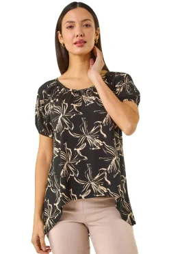 Roman Black Leaf Print Asymmetric Stretch Tunic Top