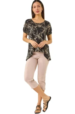 Roman Black Leaf Print Asymmetric Stretch Tunic Top