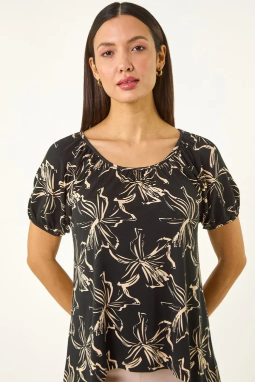 Roman Black Leaf Print Asymmetric Stretch Tunic Top