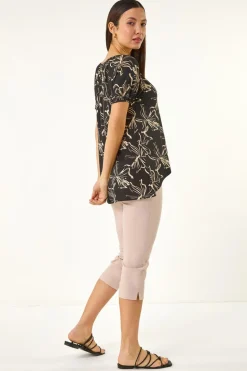 Roman Black Leaf Print Asymmetric Stretch Tunic Top