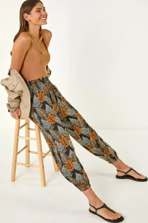 Roman Black Leaf Tie Waist Trousers