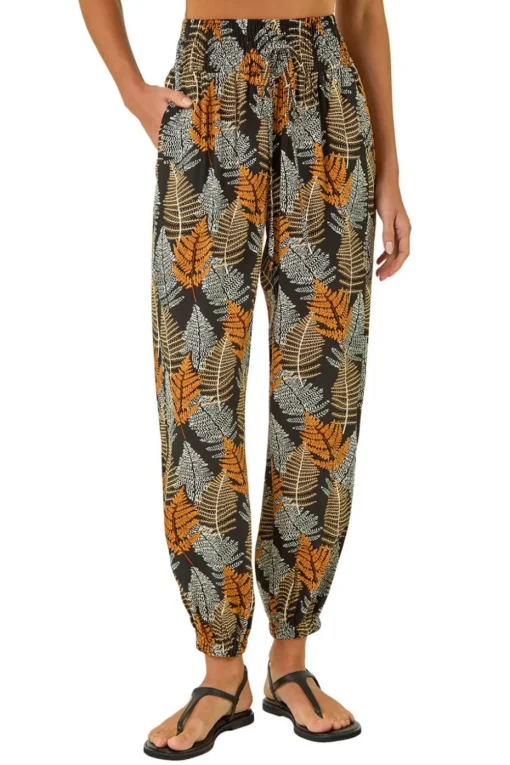 Roman Black Leaf Tie Waist Trousers