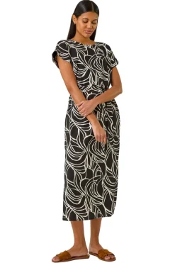 Roman Black Linear Textured Midi Dress