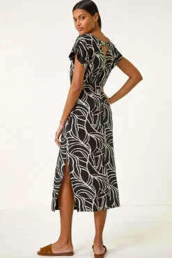 Roman Black Linear Textured Midi Dress
