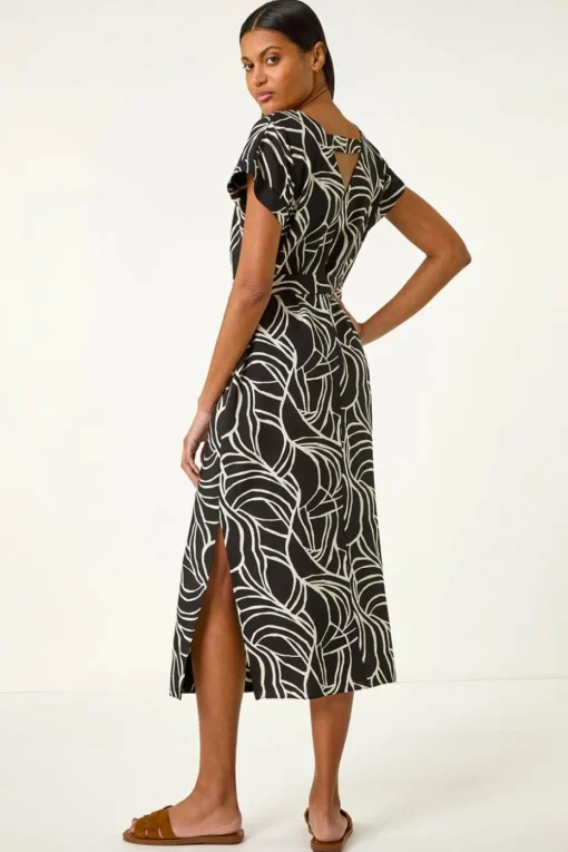 Roman Black Linear Textured Midi Dress