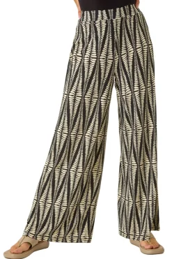 Roman Black Mono Print Wide Leg Stretch Trouser