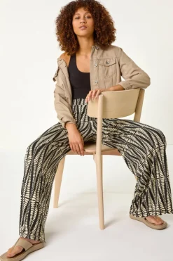 Roman Black Mono Print Wide Leg Stretch Trouser