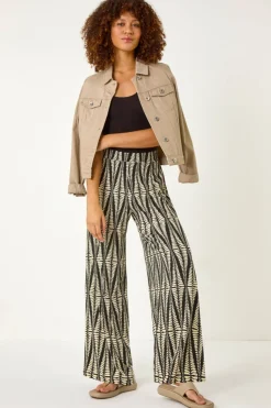 Roman Black Mono Print Wide Leg Stretch Trouser