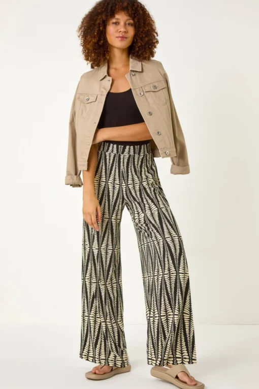 Roman Black Mono Print Wide Leg Stretch Trouser