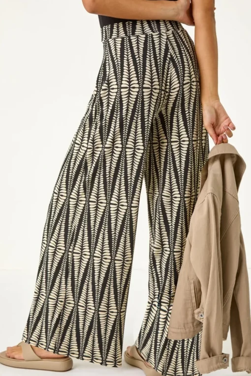 Roman Black Mono Print Wide Leg Stretch Trouser