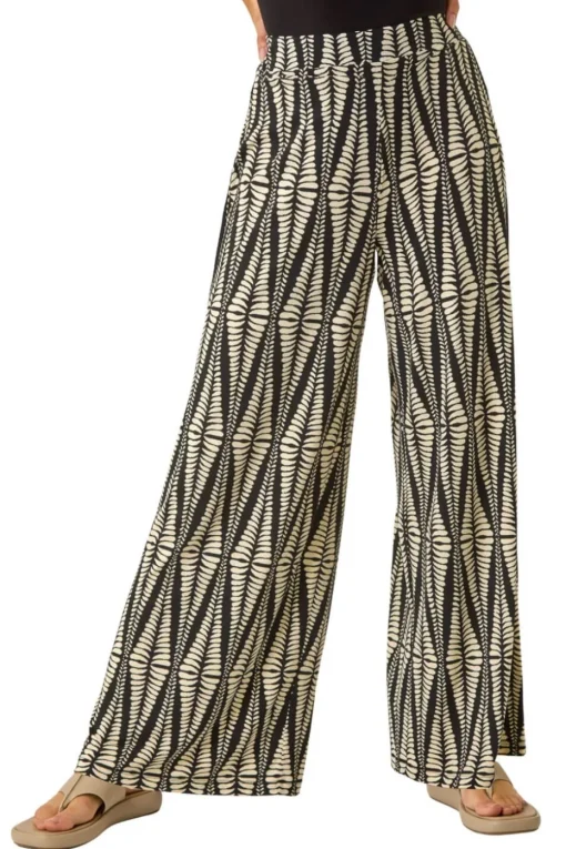 Roman Black Mono Print Wide Leg Stretch Trouser