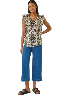 Roman Black Mono Printed Frill Sleeve Top
