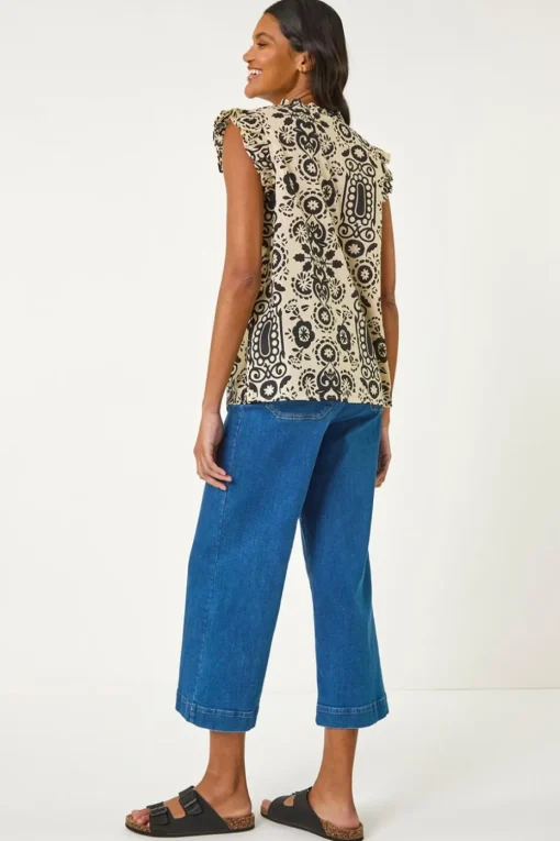 Roman Black Mono Printed Frill Sleeve Top