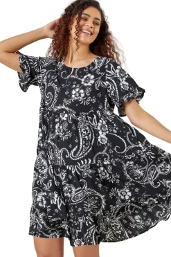 Roman Black  Paisley Floral Tiered Smock Dress
