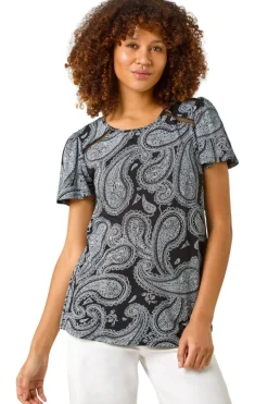 Roman Black Paisley Print Ladder Trim Top