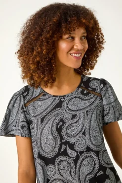 Roman Black Paisley Print Ladder Trim Top