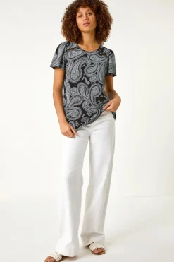 Roman Black Paisley Print Ladder Trim Top