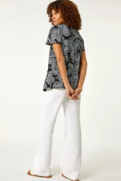 Roman Black Paisley Print Ladder Trim Top