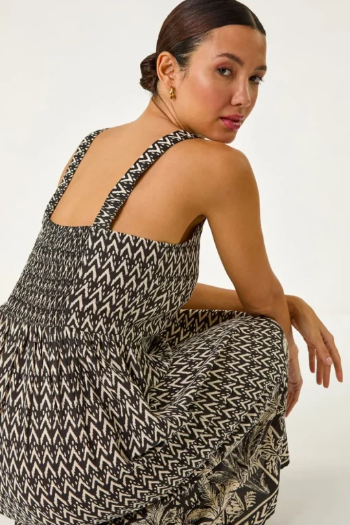 Roman Black Palm Border Print Midi Sundress