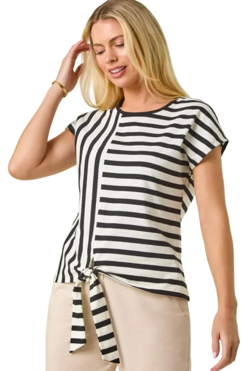 Roman Black Petite Block Striped Tie Side Top