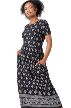 Roman Black Petite Border Print Stretch Midi Dress