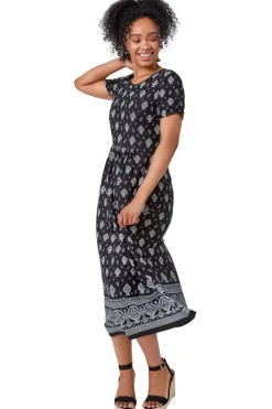 Roman Black Petite Border Print Stretch Midi Dress