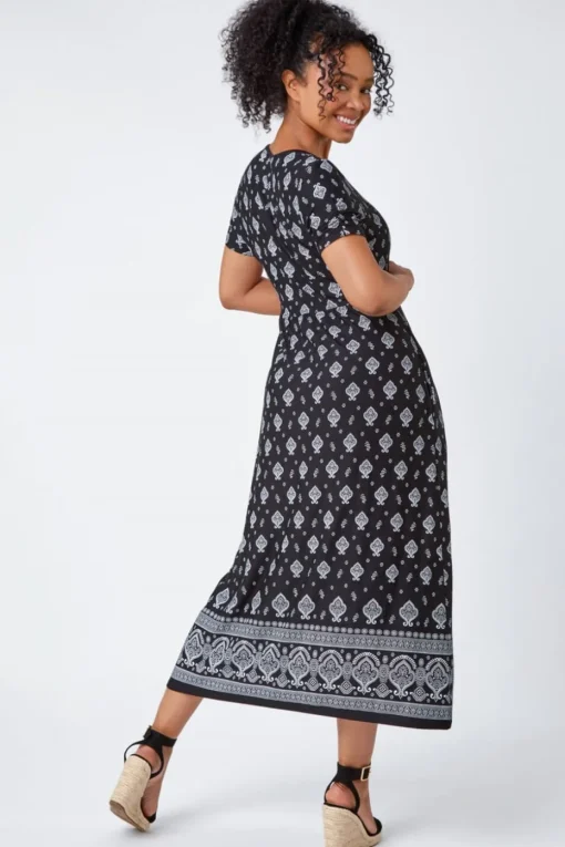 Roman Black Petite Border Print Stretch Midi Dress