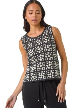 Roman Black Petite Crochet Patchwork Top