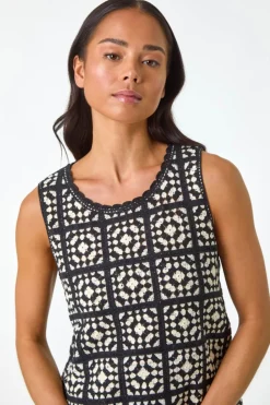 Roman Black Petite Crochet Patchwork Top