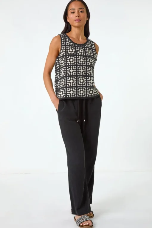 Roman Black Petite Crochet Patchwork Top