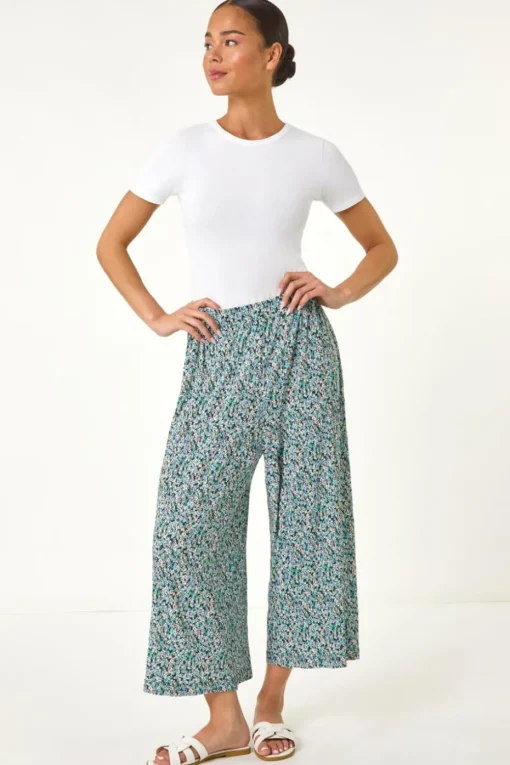 Roman Black Petite Ditsy Crinkle Cropped Trouser