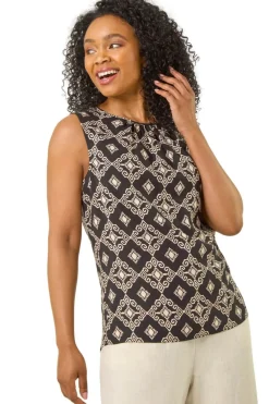 Roman Black Petite Geometric Gathered Shell Top