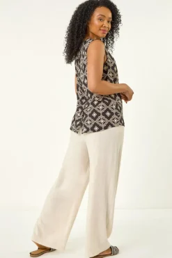 Roman Black Petite Geometric Gathered Shell Top
