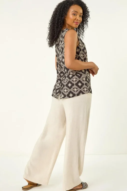 Roman Black Petite Geometric Gathered Shell Top