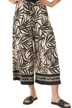 Roman Black Petite Leaf Border Print Tie Waist Culottes