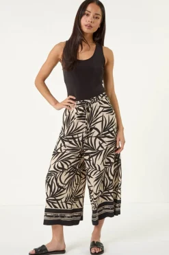 Roman Black Petite Leaf Border Print Tie Waist Culottes