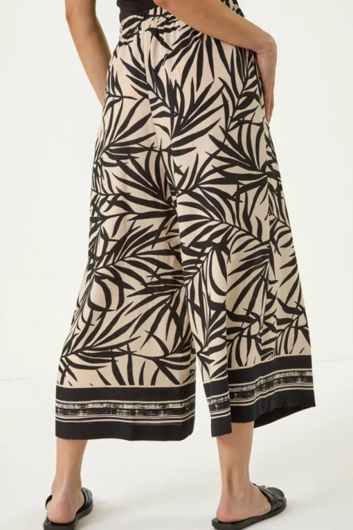 Roman Black Petite Leaf Border Print Tie Waist Culottes