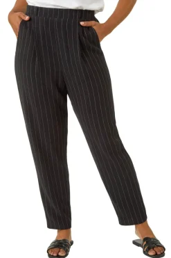Roman Black Petite Stripe Tapered Linen Mix Trouser