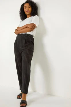 Roman Black Petite Stripe Tapered Linen Mix Trouser