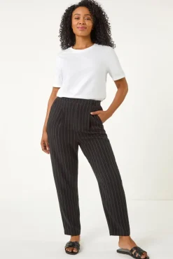 Roman Black Petite Stripe Tapered Linen Mix Trouser