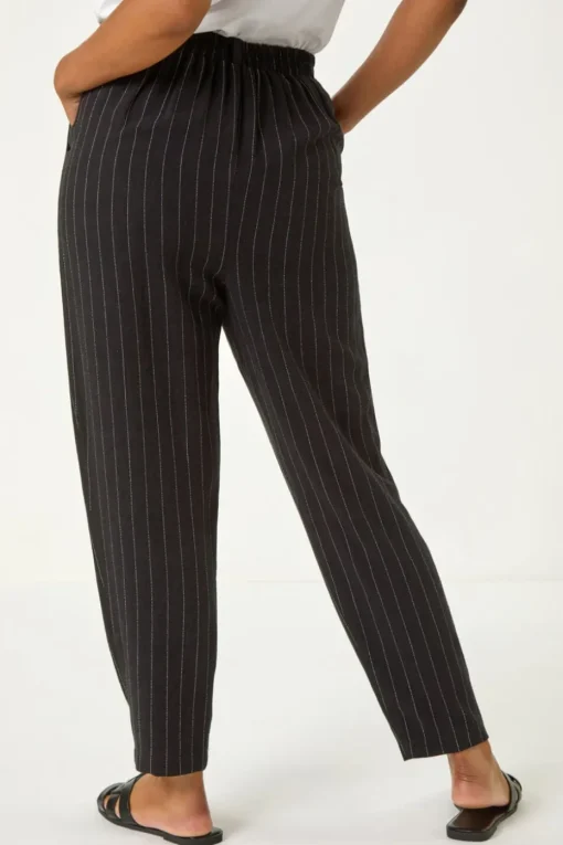 Roman Black Petite Stripe Tapered Linen Mix Trouser