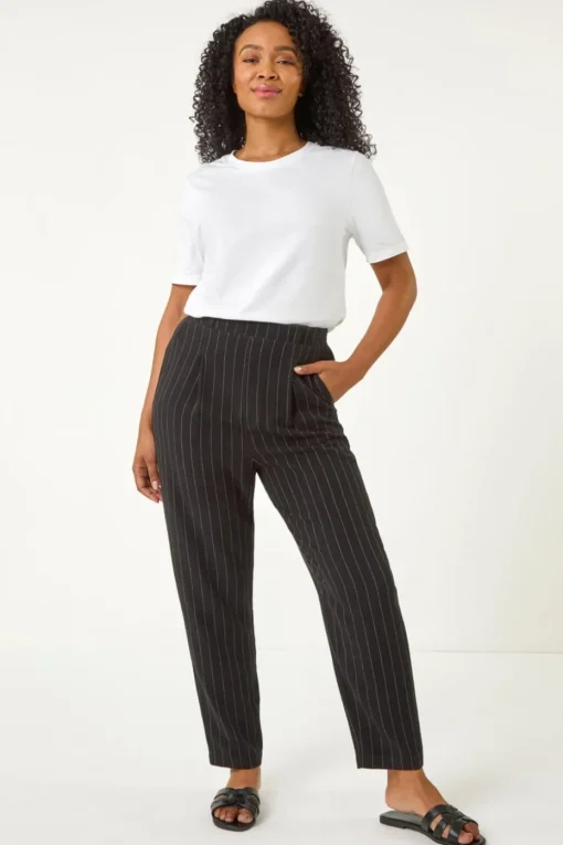 Roman Black Petite Stripe Tapered Linen Mix Trouser